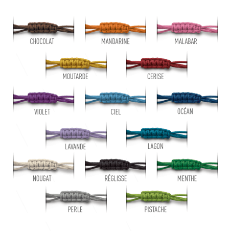 Nuancier des 15 couleurs de cordon waterproof de la collection de bijoux pour enfants MIKADO.