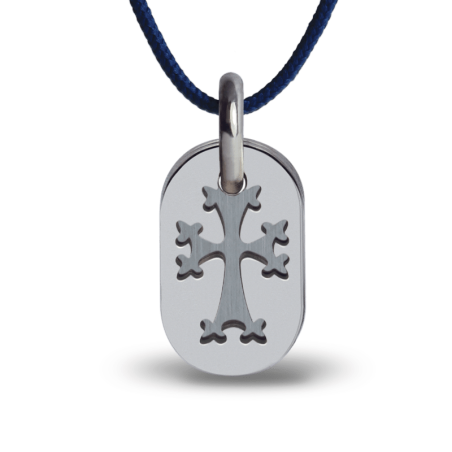 Pendentif de baptême KHACHKAR or blanc sur cordon de la collection de bijoux pour enfants MIKADO.