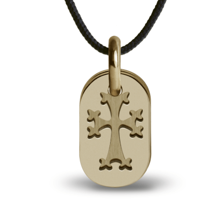 Pendentif de baptême KHACHKAR or jaune sur cordon de la collection de bijoux pour enfants MIKADO.